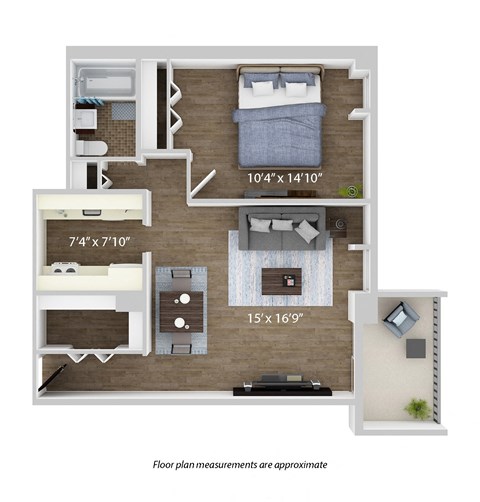 Floor plan for 1 bed, 1 bath, 569 sqft